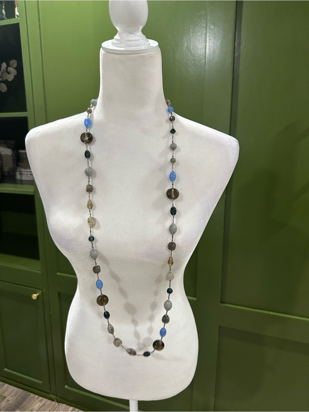 Premier Designs Long Beaded Necklace in Blue, Gray and Brown